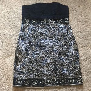 Navy Sue Wong strapless dress